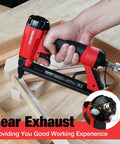 Pneumatic 20 Gauge Staple Gun For Upholstery And Carpentry, T50 Style Stapler with rear exhaust in action on wood project
