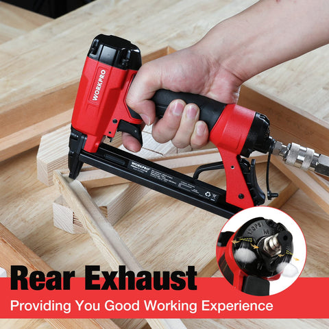 Pneumatic 20 Gauge Staple Gun For Upholstery And Carpentry, T50 Style Stapler with rear exhaust in action on wood project