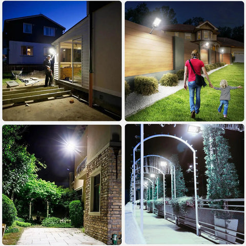 Outdoor Solar Lights 4 Pack 1000 Lumens Motion Sensor Security Flood Lights Waterproof IP65 illuminating homes and pathways