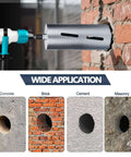 Diamond dry core drill bit, 2-1/2 in, mounted on a drill for concrete masonry drilling; includes adapters.