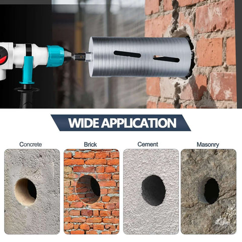 Diamond dry core drill bit, 2-1/2 in, mounted on a drill for concrete masonry drilling; includes adapters.