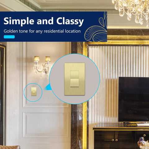 Frameless Brushed Gold Paddle Wall Light Switch Single Pole 3 Wire 15A 120 277VAC UL Listed Thermoplastic Residential Grade installed