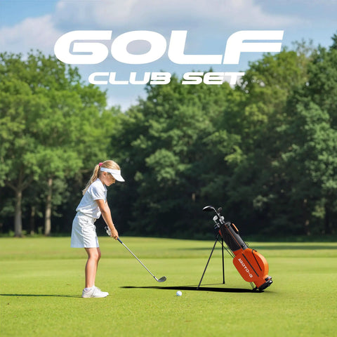 Child swinging club from Kids Golf Club Set For Ages 6 To 8 With Stand Bag Right Hand Driver 7 8 Iron 9 P Iron Putter And Headcover