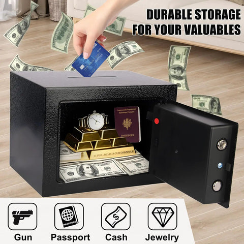 Mini Electronic Safe Box With Digital Keypad 0.23 Cu Ft Compact Home Safe, cash and jewelry stored inside, black, open door view