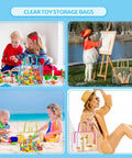 Six Pack Large Toy Storage Bags PVC Waterproof Organizers With Zipper And Handle, clear bags with toys and accessories displayed.