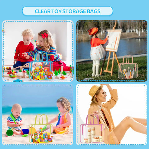Six Pack Large Toy Storage Bags PVC Waterproof Organizers With Zipper And Handle, clear bags with toys and accessories displayed.