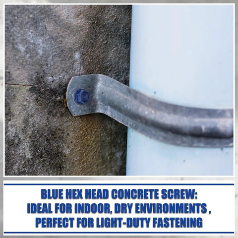 Close-up of Heavy Duty Blue Hex Head Concrete Screw Anchors PTFE Coated Carbon Steel 1/4 In X 2-3/4 In mounted onto a surface.