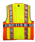 Top Shelf Class Two High Visibility Safety Vest With Deep Carry Pockets And Slick Zipper Front Built Like A Tank Rock Solid Reflective Bands Fast Drying Mesh Side Panels Pro Grade Rig For Long Days On The Job XXXL back view with bright yellow and reflective bands.