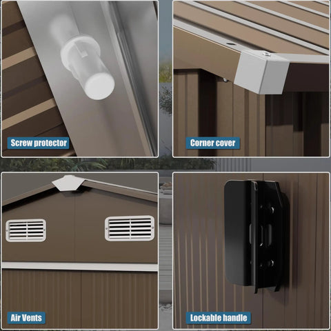 Outdoor Storage Shed 10 Foot By 8 Foot Waterproof Metal Tool Shed features lockable handle, air vents, screw protector, corner cover.