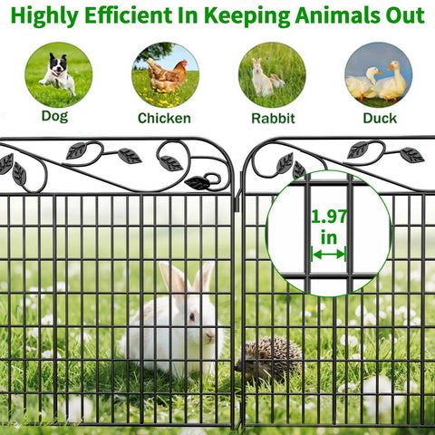 4 Panels 44In High By 12 Ft Long Heavy Duty Decorative Garden Fence Gate With Leaves Metal Wire Panels Rustproof Tall Outdoor Dog Fence And Pet Barrier For Yard Borders Flower Beds Black with rabbit illustration.