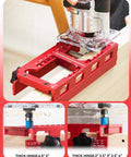 Pro Grade Aluminum Door Hinge Jig Kit for Router, showing adjustable mortise template on wood, red aluminum build