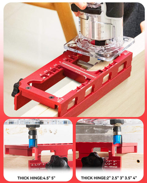 Pro Grade Aluminum Door Hinge Jig Kit for Router, showing adjustable mortise template on wood, red aluminum build