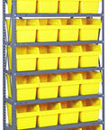 Heavy Duty Steel Shelving Rack With 28 Yellow Plastic Bins, 36x12x75 inch, perfect for organized garage or workshop storage.