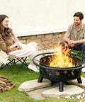 32 Inch Round Fire Pit With Mesh Cover And Fire Poker Star And Moon Design Wood Burning Outdoor Firepit for patio chill