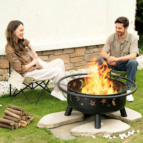 32 Inch Round Fire Pit With Mesh Cover And Fire Poker Star And Moon Design Wood Burning Outdoor Firepit for patio chill