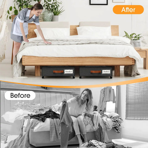 Before and after of using Under Bed Storage Drawers 2 Pack With Rolling Wheels And Leather Handles, organized and clutter-free bedroom.