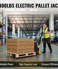 Super Heavy Duty Electric Pallet Jack With 4400 Lb Capacity And Dual Drive Modes For Tough Warehouse Work That Cracks Like A Whip, moving boxes in a warehouse.