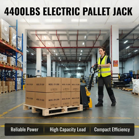 Super Heavy Duty Electric Pallet Jack With 4400 Lb Capacity And Dual Drive Modes For Tough Warehouse Work That Cracks Like A Whip, moving boxes in a warehouse.