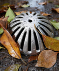 Heavy Duty Aluminum Drain Covers Set For Sinks And Floors, Dome Strainer For Kitchens, Bathrooms, Outdoor Drains, Five Pack, 5 1/2 Inch Wide By 2 1/4 Inch High, Rust Resistant, Keeps Debris Out And Water Flowing Smoothly in outdoor setting with leaves