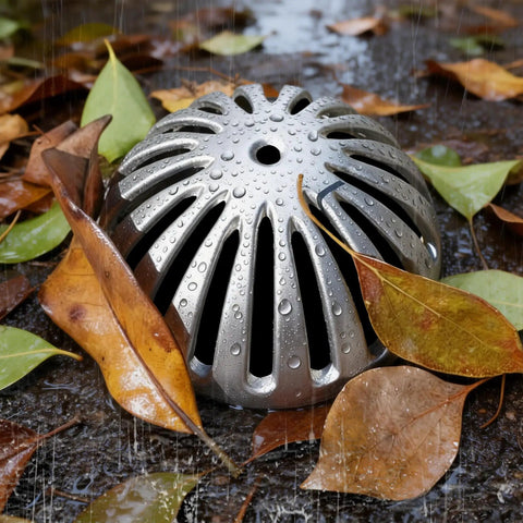 Heavy Duty Aluminum Drain Covers Set For Sinks And Floors, Dome Strainer For Kitchens, Bathrooms, Outdoor Drains, Five Pack, 5 1/2 Inch Wide By 2 1/4 Inch High, Rust Resistant, Keeps Debris Out And Water Flowing Smoothly in outdoor setting with leaves