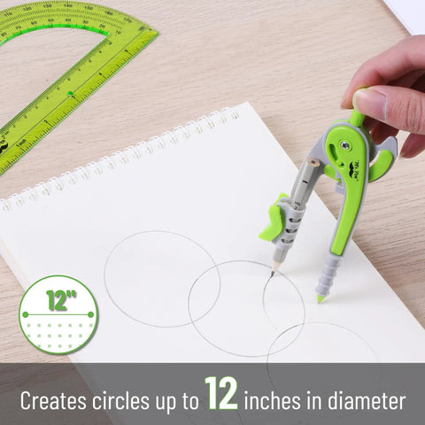 Using Geometry Compass And Protractor Set For Math And Drafting, 6 Inch Compass With Protective Case, Green Color, to draw circles.