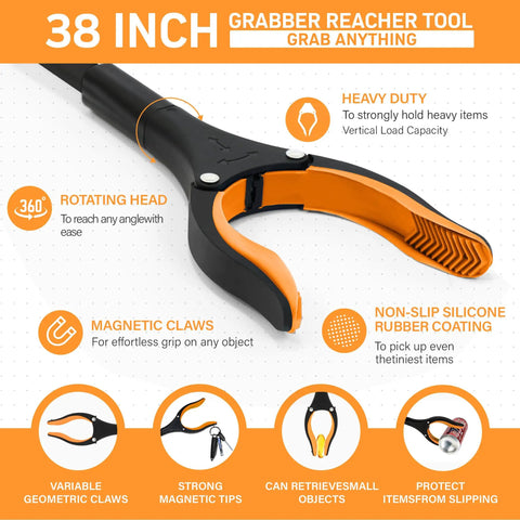 38 Inch Extra Long Grabber Reacher Tool 2 Pack With Foldable Jaw And 360 Degree Rotating Tip, Heavy Duty Pick Up Grabbers For Seniors, Easy Grip Mobility Aids, Trash Cleanup, Cleaning And Recovery