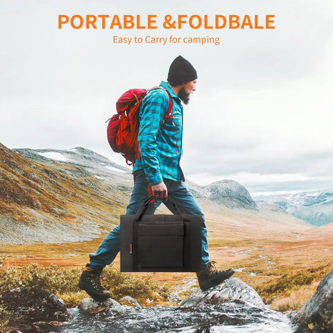 Person carrying Portable 60W Foldable Solar Panel For Camping On The Go Powers Cell Phones And Tablets With 5V USB And 18V DC