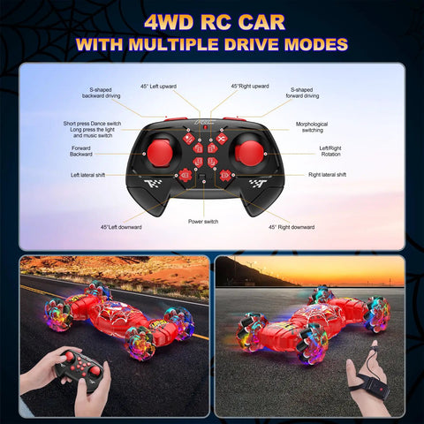 4WD Gesture Sensing RC Stunt Car With 2.4GHz Remote 360-Degree Drifts And Rotations Lights And Music, controller modes shown
