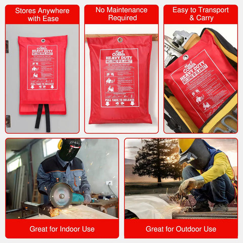Collage showing Heavy Duty Welding Blanket Fireproof Insulated Shield for Home Shop and Tabletop, in use for indoor and outdoor welding.