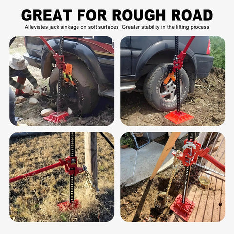 48 Inch Utility High Lift Farm Jack With Base Mate And Off Road Base Stand lifting SUV on soft ground