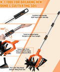 Two In One Rotary Hand Tiller For Gardening With An Adjustable 63 Inch Stainless Steel Pole, features breakdown illustration