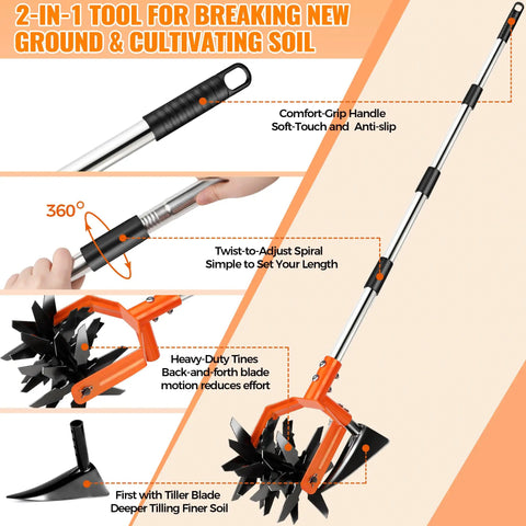 Two In One Rotary Hand Tiller For Gardening With An Adjustable 63 Inch Stainless Steel Pole, features breakdown illustration