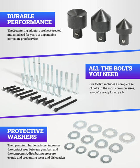 46 Piece Harmonic Balancer Puller Kit Pro Grade With Flange Type Gear And Crank Pullers showing bolts, washers, adaptors