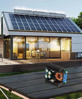 Professional Top Shelf 300 Watt Adjustable Dc Dc Buck Converter Module on a table outside a modern home with solar panels.
