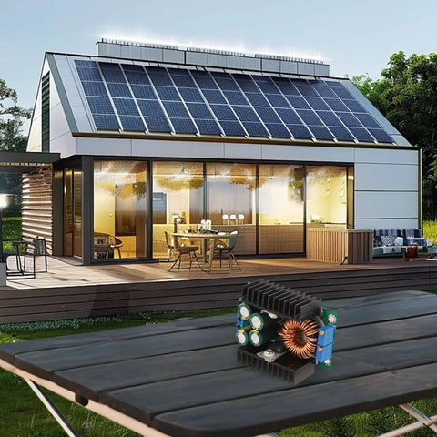 Professional Top Shelf 300 Watt Adjustable Dc Dc Buck Converter Module on a table outside a modern home with solar panels.