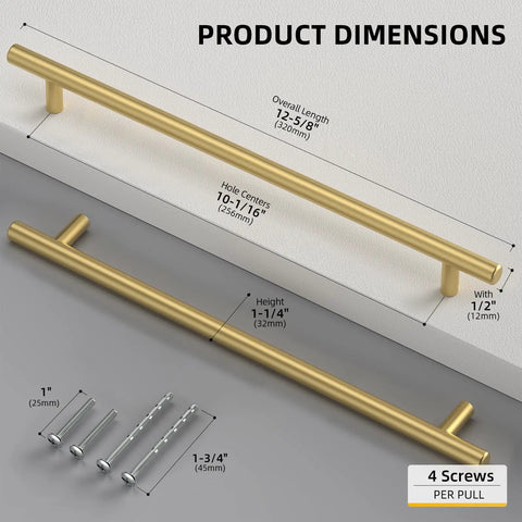 Gold Cabinet Handles 10 Pack Brushed Gold Stainless Steel Drawer Pulls dimensions with screws shown.