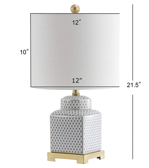 21.5 Inch White And Navy Ceramic Ginger Jar LED Table Lamp With Fishnet Chinoiserie Pattern and White Linen Shade, Brass Gold Base