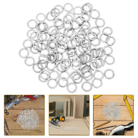 100 Pcs M8 Split Lock Spring Washers Made From 304 Stainless Steel for screws, fasteners, and DIY projects displayed in piles.