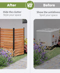 Before and after view with Wood Privacy Screen For Outdoors No Dig Garden Fence Hide Trash Cans And Air Conditioner Units Decorative Patio Privacy Screen.