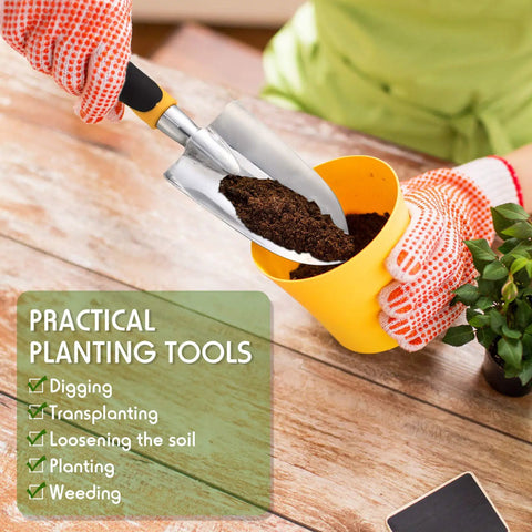 Person using Two Pack Garden Trowel Hand Shovel Set With Soft Rubberized Non Slip Handle Aluminum Alloy Potting Shovel for planting soil in pot