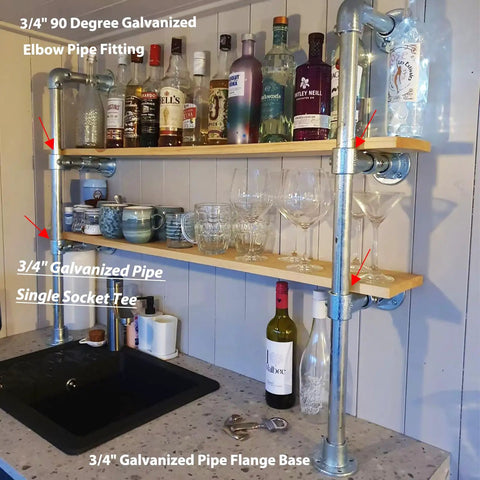 DIY kitchen shelf using Three Quarter Inch Galvanized Pipe Fittings Single Socket Tee 90-Degree Connector for handrails and shelving projects.