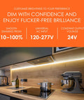 Home kitchen with under-cabinet LED lighting, powered by 24V DC LED Driver 200W Ultra Quiet Dimmable Power Supply with stable output.
