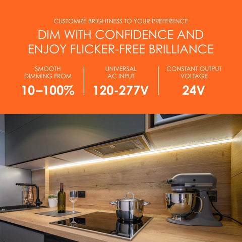 Home kitchen with under-cabinet LED lighting, powered by 24V DC LED Driver 200W Ultra Quiet Dimmable Power Supply with stable output.