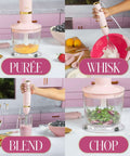 Chic Pink And Gold 3 In 1 Immersion Blender With Whisk And Chopping Bowl 400W High Speed Handheld Mixer in use for blending smoothies.