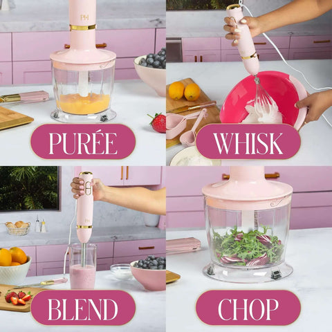 Chic Pink And Gold 3 In 1 Immersion Blender With Whisk And Chopping Bowl 400W High Speed Handheld Mixer in use for blending smoothies.