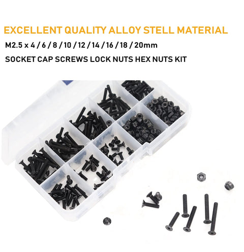 340 Piece M2.5 Black Countersunk Socket Cap Screws And Nylon Lock Nuts And Hex Nuts Kit, 10.9 Grade Alloy Steel.