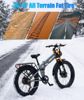 Badass Dual Motor Electric Bike For Adults Built Tough For Everyday Cruisin With 3000W Peak Power And A Heavy Duty 48V 30Ah Battery Dishin Out A Solid 90 Mile Range At 32 Mph On 26 Inch Fat Tires Full Suspension Gear on snowy road with all-terrain 26x4 fat tires.