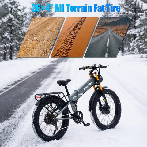 Badass Dual Motor Electric Bike For Adults Built Tough For Everyday Cruisin With 3000W Peak Power And A Heavy Duty 48V 30Ah Battery Dishin Out A Solid 90 Mile Range At 32 Mph On 26 Inch Fat Tires Full Suspension Gear on snowy road with all-terrain 26x4 fat tires.