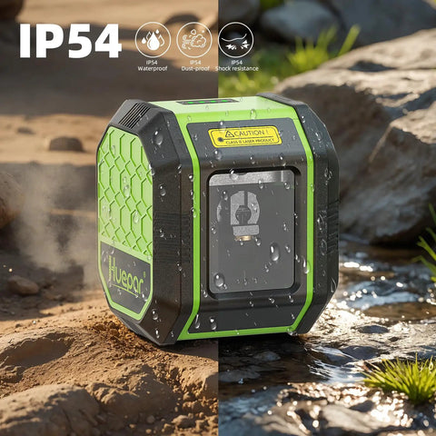 Self Leveling Green Cross Line Laser Level With 100 Ft Range For DIY Construction And Indoor Decoration Accurate Leveling And Plumb In A Snap Built In Li Ion Battery For Long Lasting Power shown in outdoor setting