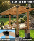 Outdoor scene showing a pergola with a slanted roof supported by a 4x4 Woodworks Pergola Brackets Kit With 15 Degree Three Way Brackets 75 Degree Three Way Brackets And Four Posts Heavy Duty Steel Construction With Black Powder Coat Durable Outdoor Slanted Roof Support Kit For Pergolas.